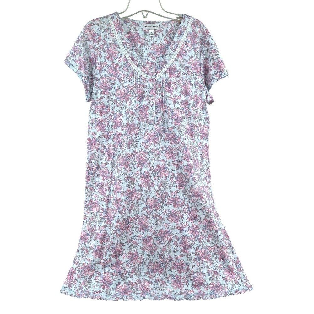 Miss Elaine Wms Nightgown Sleep Shirt L Blue Pink Floral Lace Cottagecore Summer